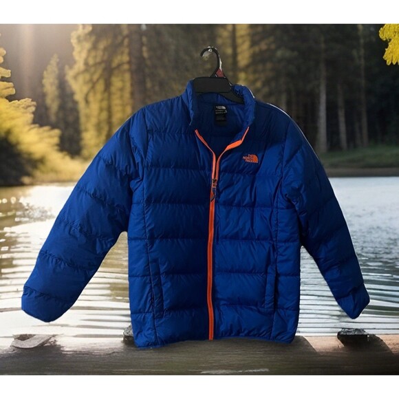 The NorthFace Down Puffer Jacket Boys XL Reversible Blue 550 Down Hooded Hyalite - Picture 1 of 6